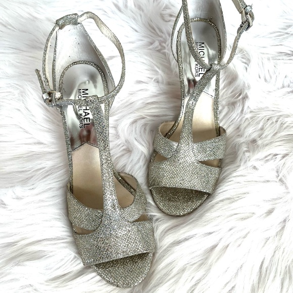 MICHAEL KORS•silver glitter T-strap peep toe stiletto heels 8 EUC - Picture 1 of 6